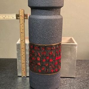 Dümler & Breiden tall black lava vase with red and gold, Made in Germany, 1960s